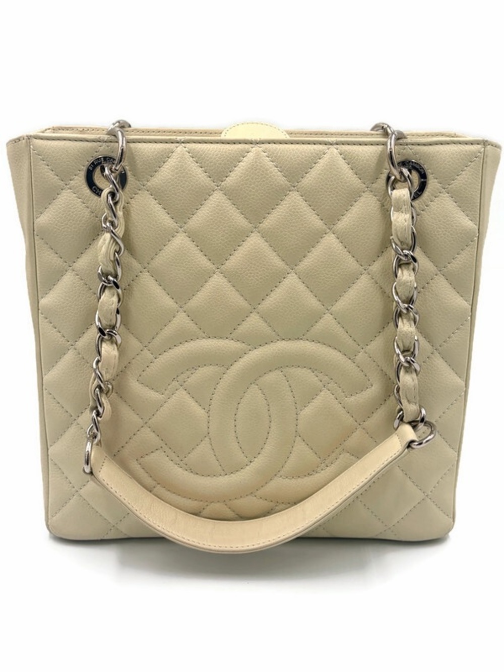 Authentic CHANEL PST Grand Shopping Tote Ivory Caviar Leather Silver Hardware